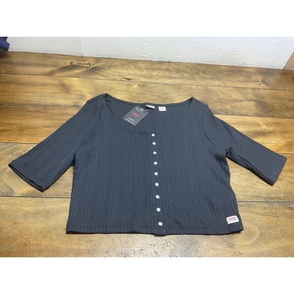 Levis Women's Knit Crop Top Pearl Snap Shirt Black Size XL NWT - Picture 1 of 11
